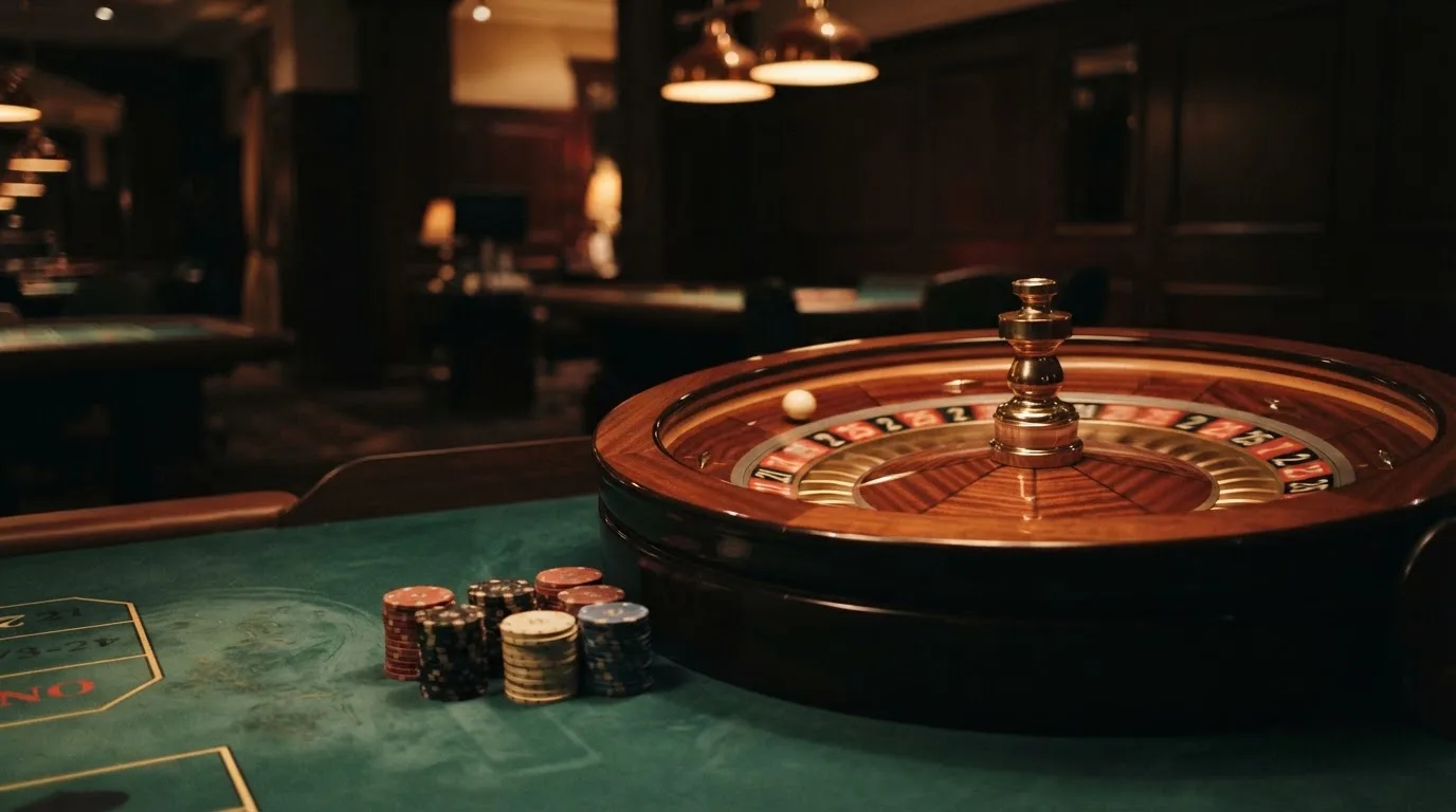 Rulettehjul og sjetonger på grønn filt i varmt kveldslys — 10 kr casinoer i norge