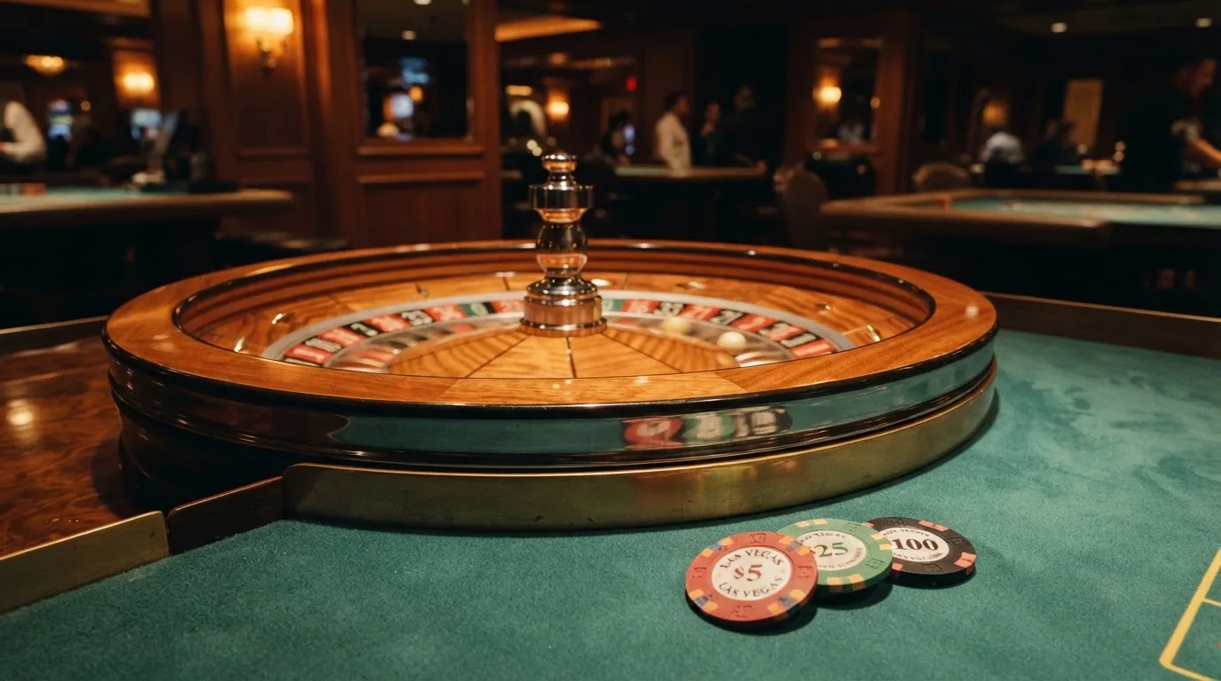 Rulettehjul og sjetonger på grønn filt i varmt kveldslys — 100 kr casinoer i norge