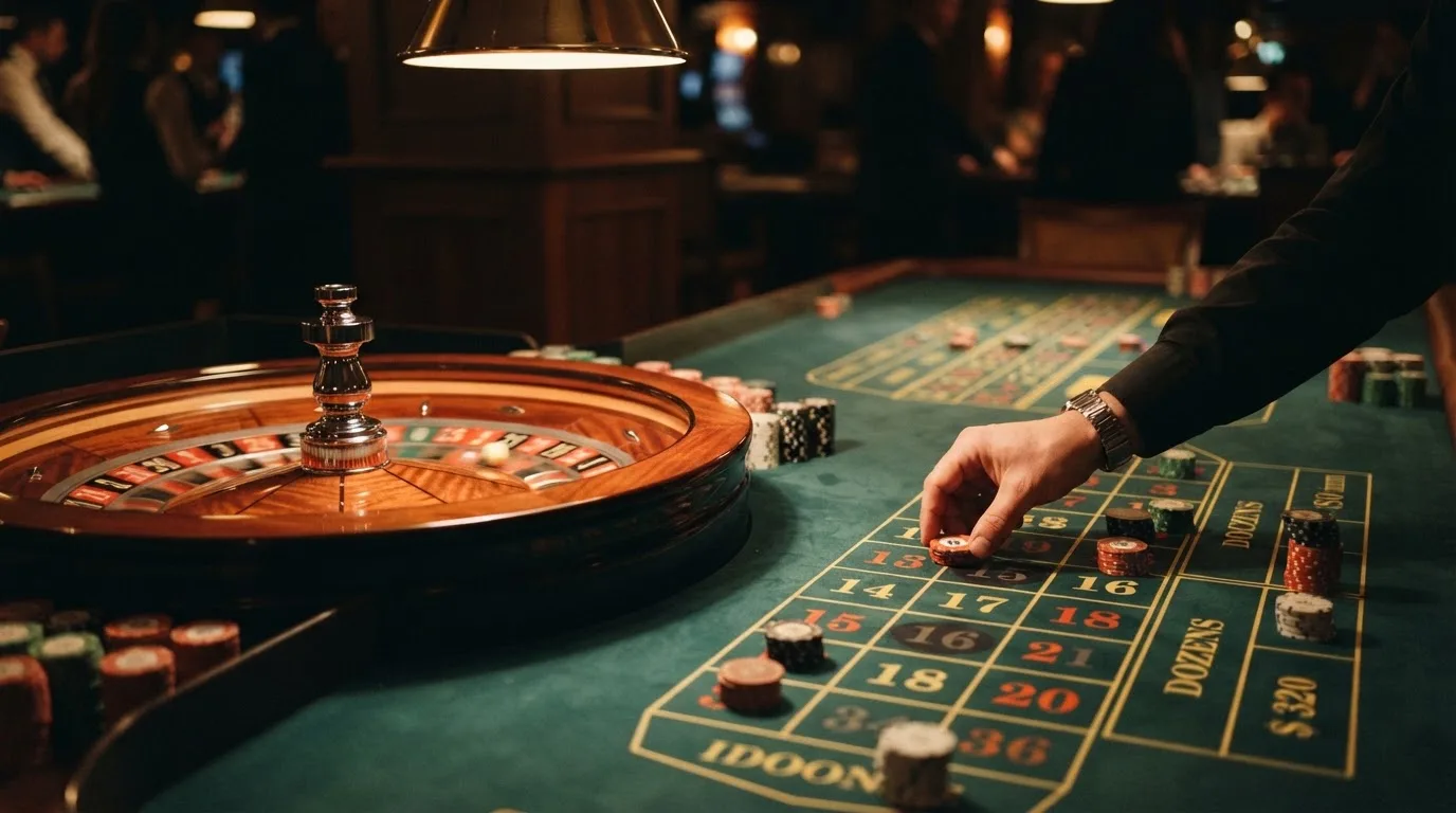 Rulettehjul og sjetonger på grønn filt i varmt kveldslys — 20 kr casinoer i norge