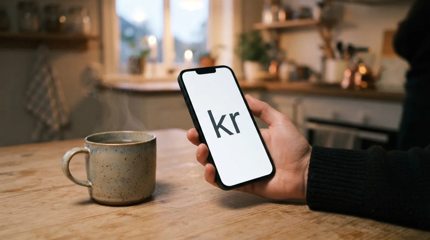 Hånd holder en mobiltelefon ved siden av en kopp te ved et kjøkkenbord en rolig kveld — alle kasinoer i norge