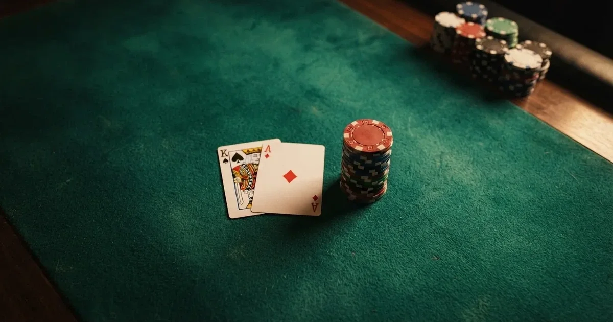 Opplyst spillebord med kort, sett ovenfra — beste blackjack i norge