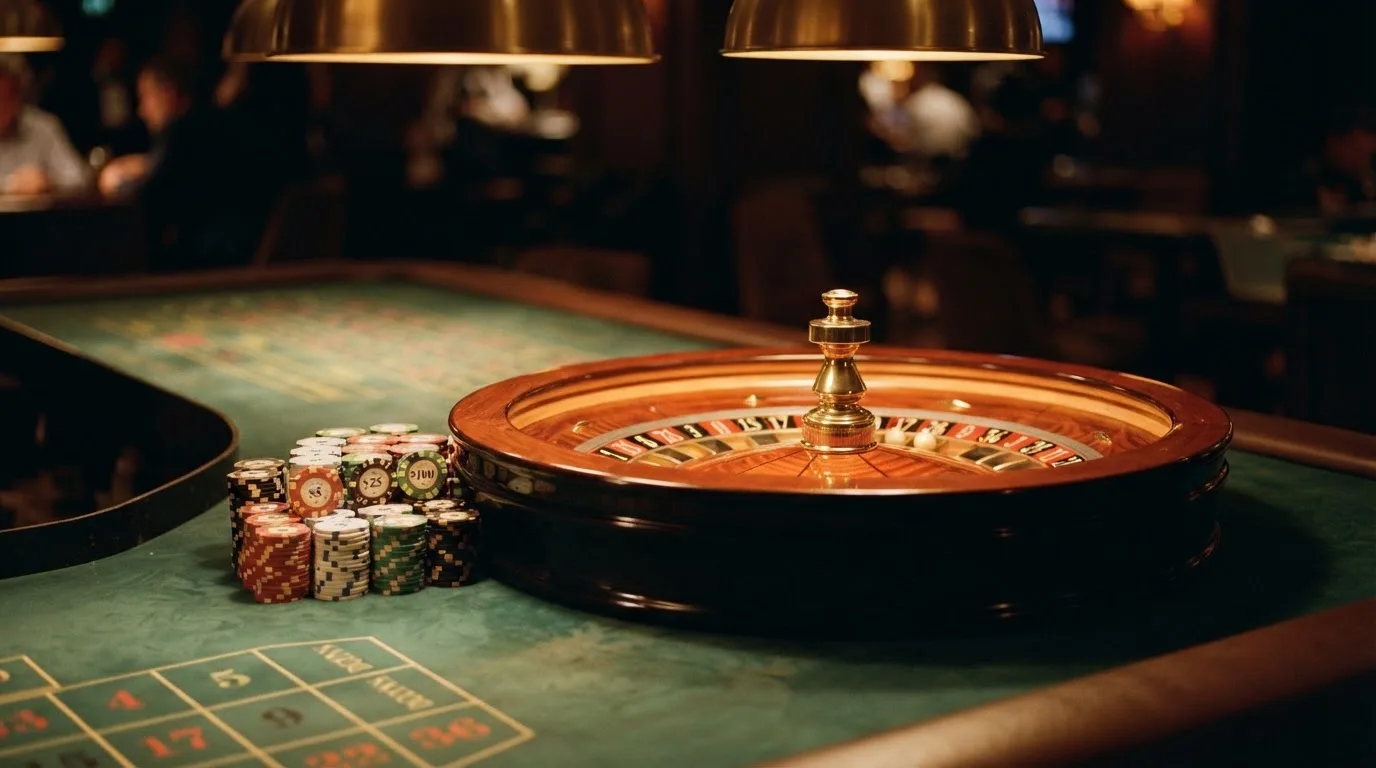 Rulettehjul og sjetonger på grønn filt i varmt kveldslys — beste blackjack i norge
