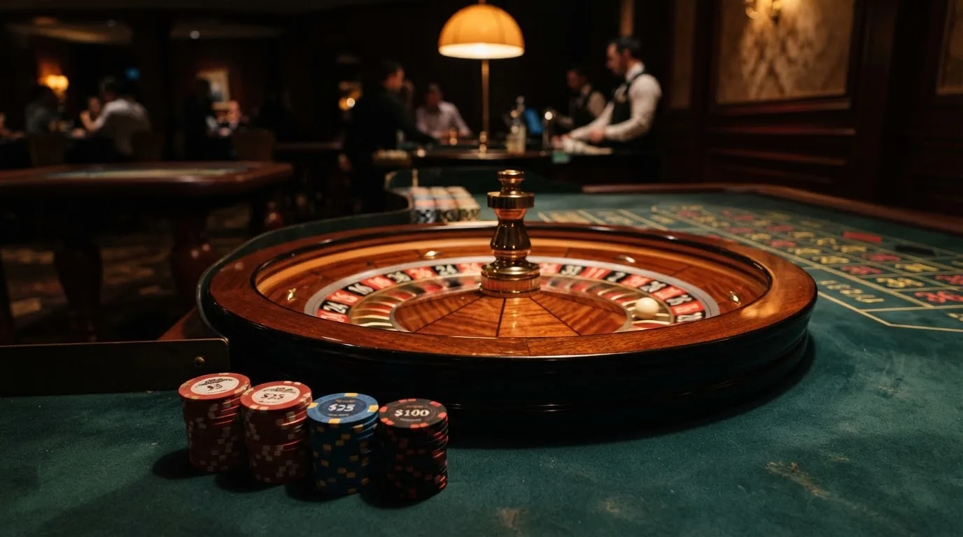 Rulettehjul og sjetonger på grønn filt i varmt kveldslys — beste bonuser på norske casinoer