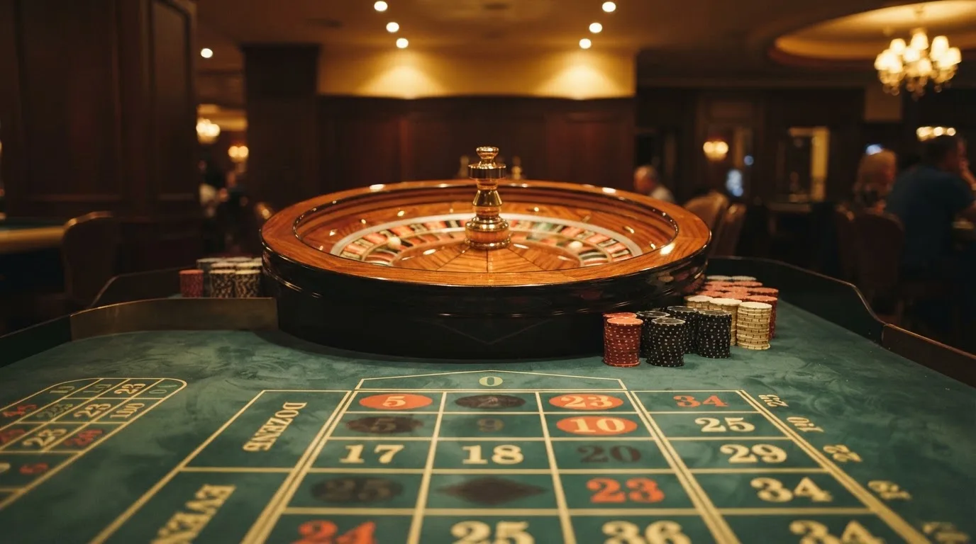 Rulettehjul og sjetonger på grønn filt i varmt kveldslys — beste casino spilleautomater