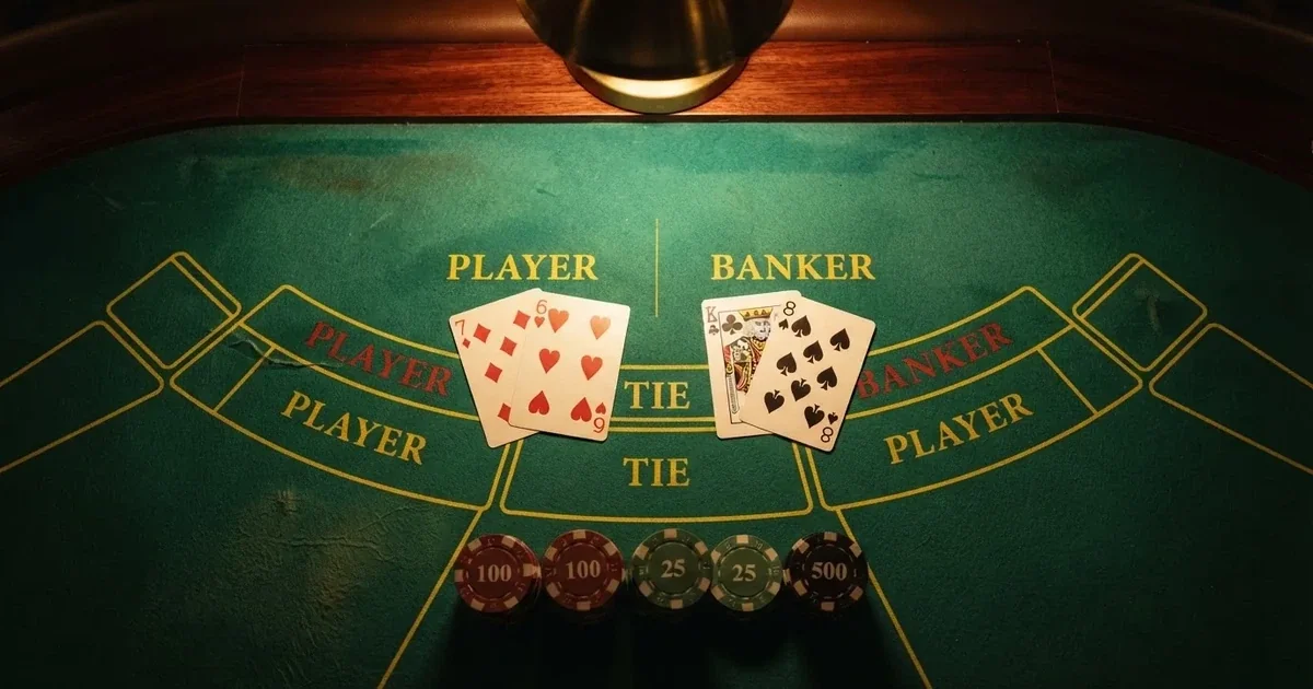 Opplyst spillebord med kort, sett ovenfra — beste casinoer med baccarat