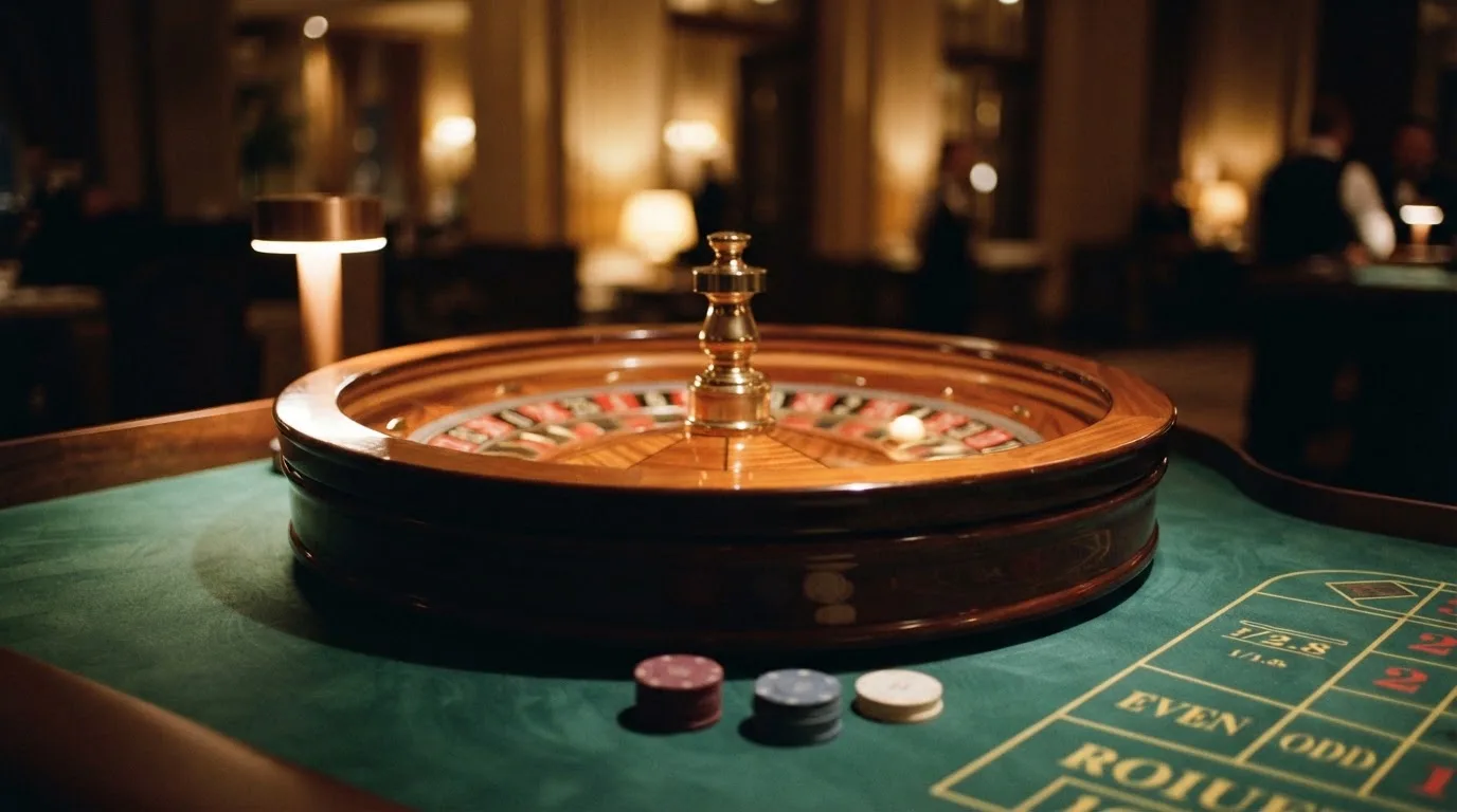 Rulettehjul og sjetonger på grønn filt i varmt kveldslys — beste casinoer med baccarat