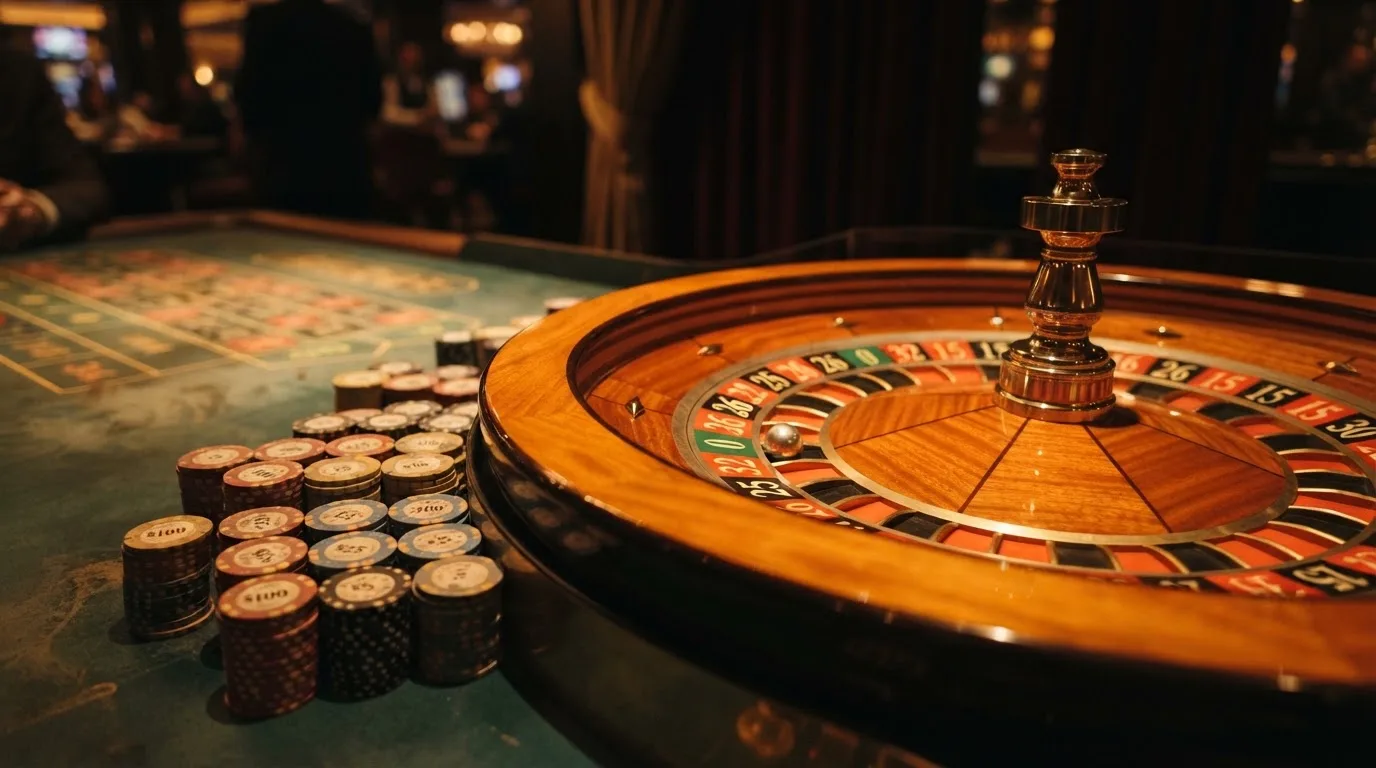 Rulettehjul og sjetonger på grønn filt i varmt kveldslys — beste casinoer med bingo
