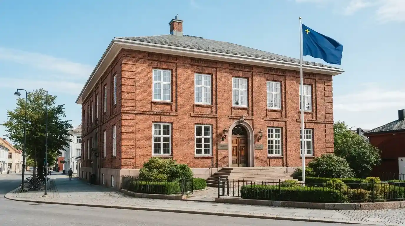 Offentlig kontorbygning i rødt murstein i en norsk by, med et flagg ved inngangen og blå himmel