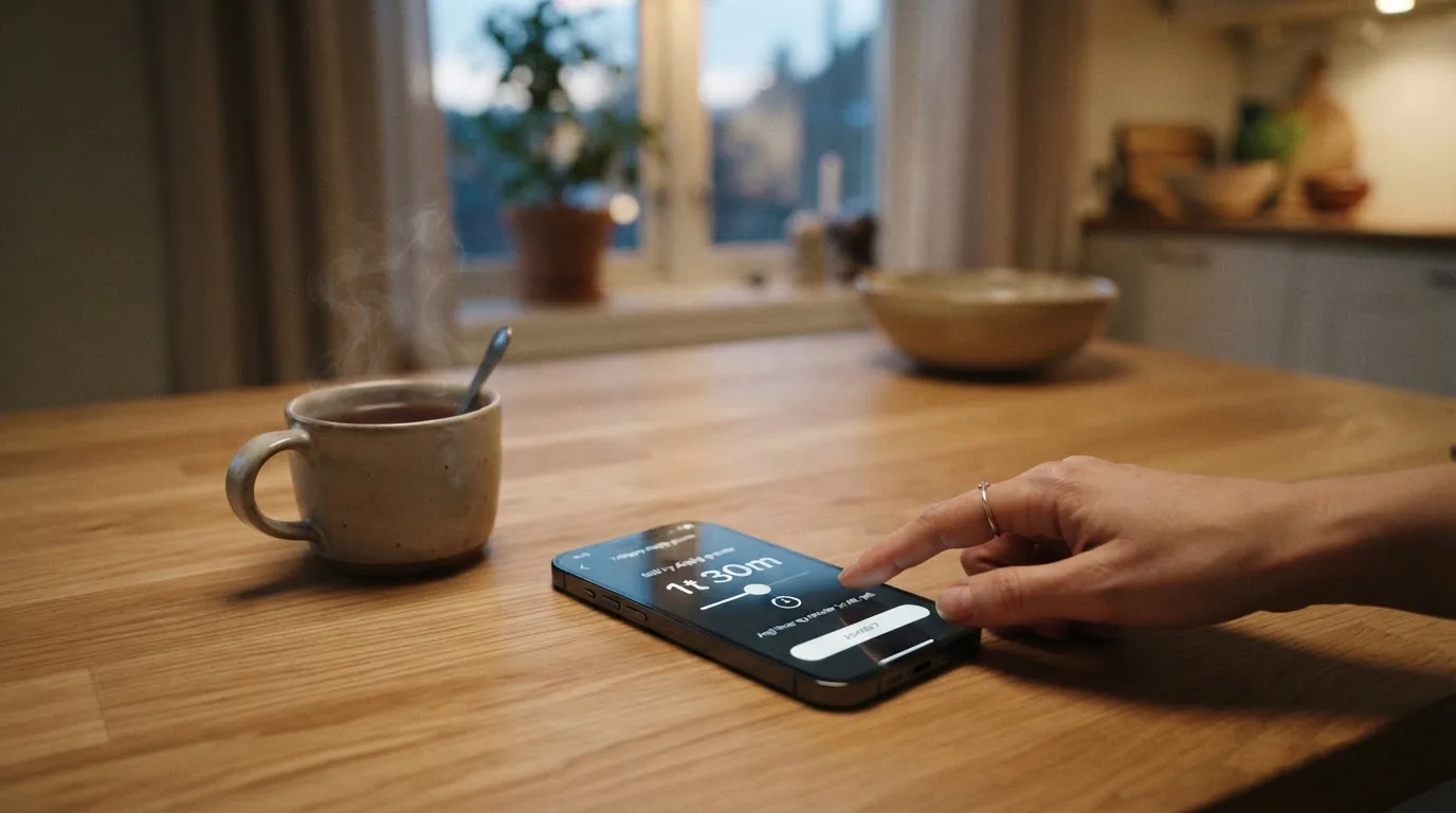 Hånd holder en mobiltelefon ved siden av en kopp te ved et kjøkkenbord en rolig kveld — beste utenlandske casinoer
