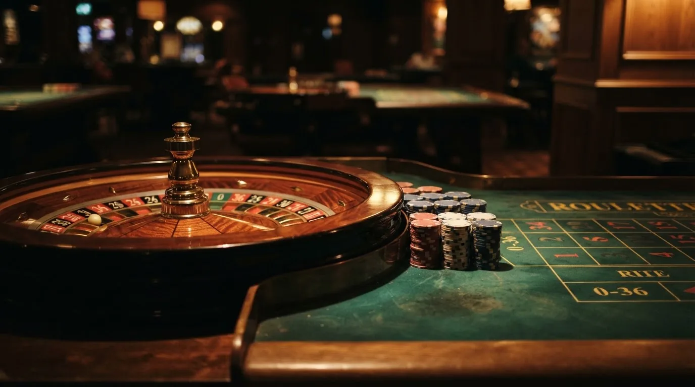 Rulettehjul og sjetonger på grønn filt i varmt kveldslys — beste utenlandske casinoer