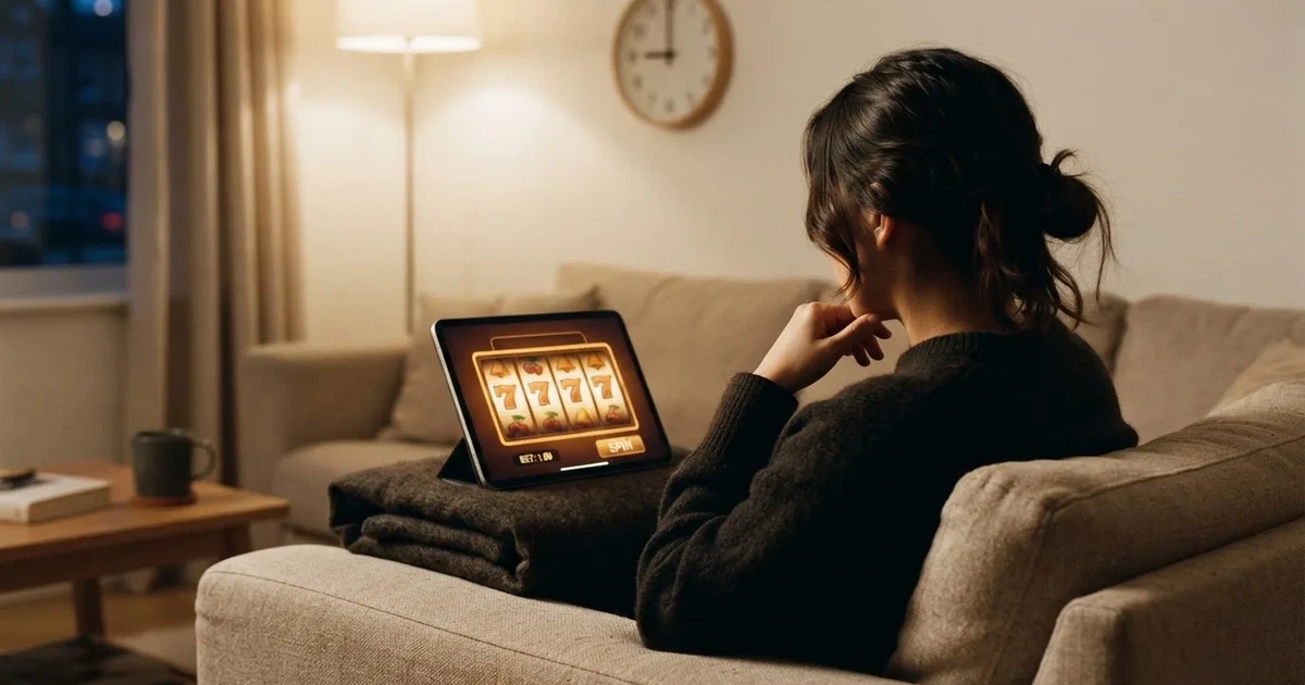 Person i en sofa ser ettertenksomt på et nettbrett, en klokke på veggen bak — bonuser på nettcasino