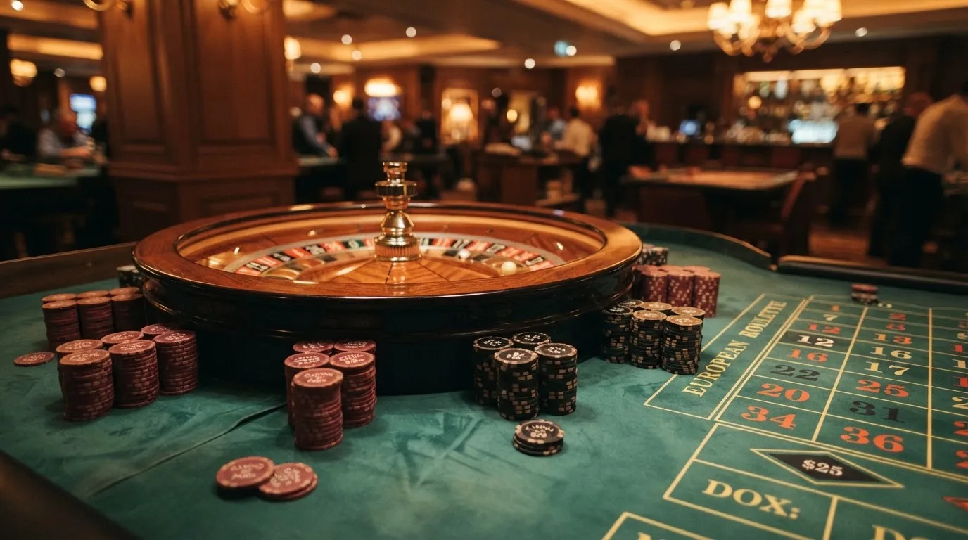 Rulettehjul og sjetonger på grønn filt i varmt kveldslys — bonuser på nettcasino