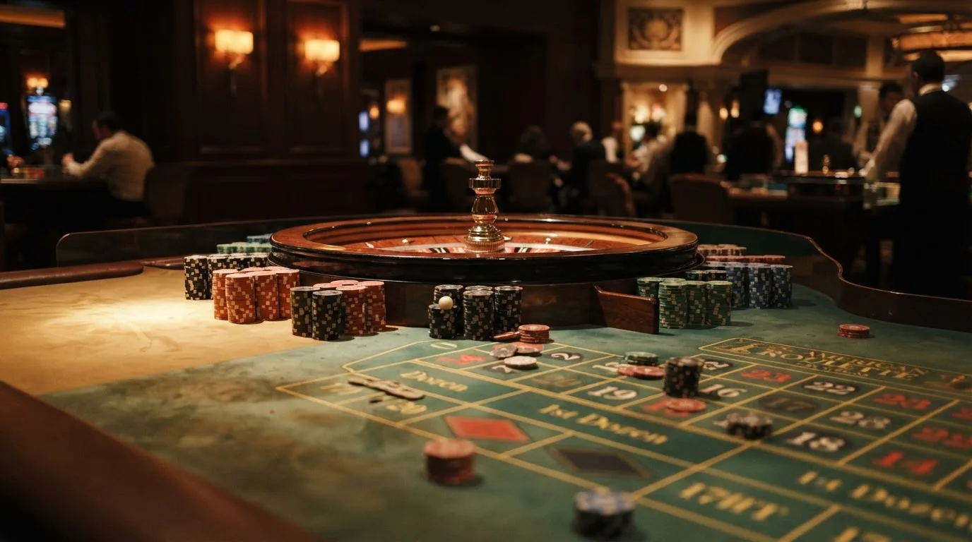 Rulettehjul og sjetonger på grønn filt i varmt kveldslys — casino slots in norway