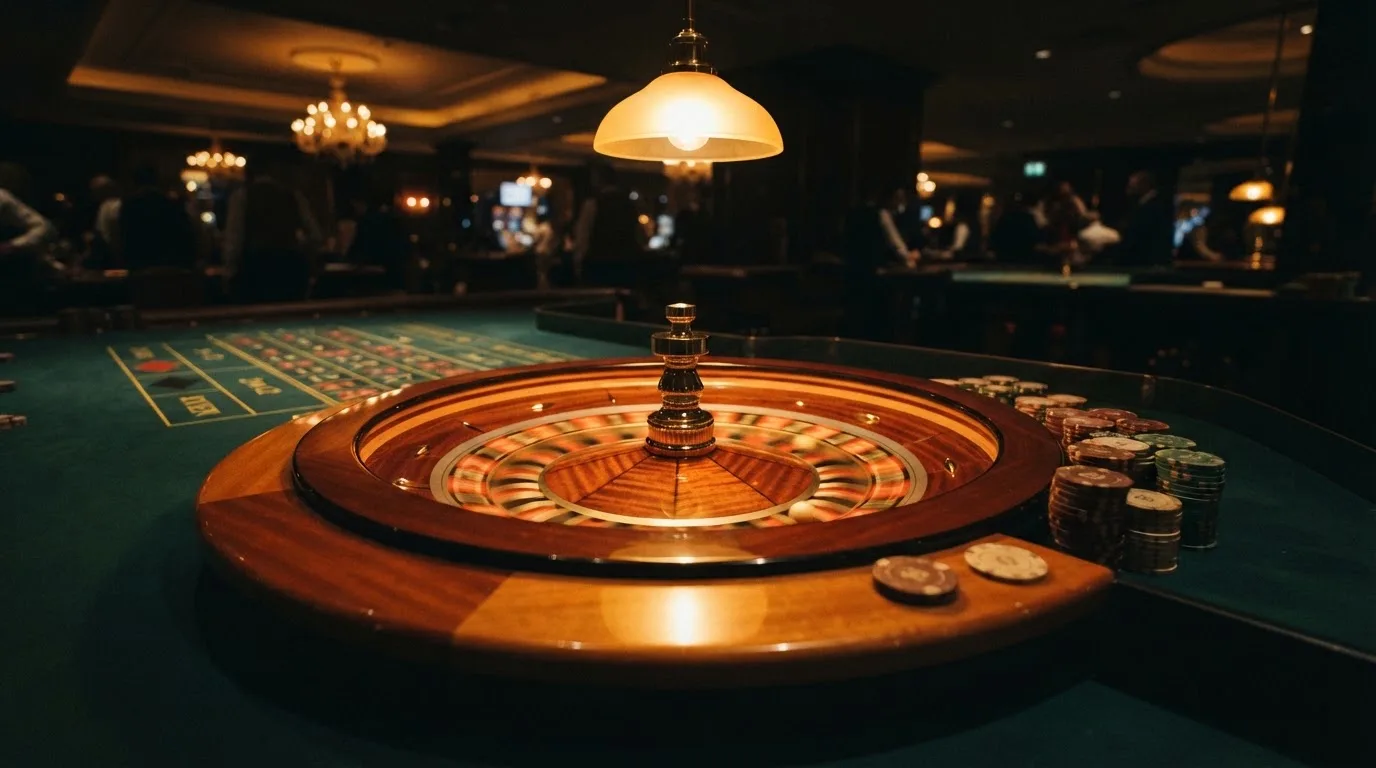 Rulettehjul og sjetonger på grønn filt i varmt kveldslys — casino tipping i norge