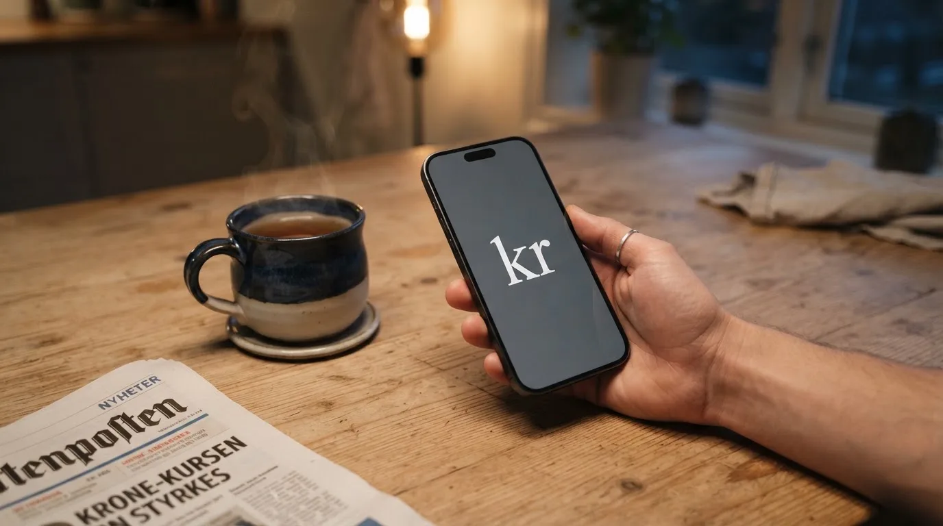 Hånd holder en mobiltelefon ved siden av en kopp te ved et kjøkkenbord en rolig kveld — casino uten lisens i norge