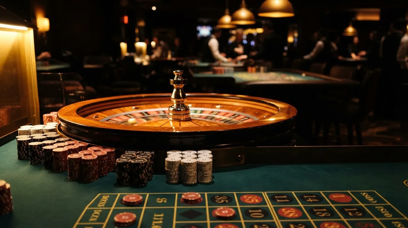 Rulettehjul og sjetonger på grønn filt i varmt kveldslys — casino uten lisens i norge