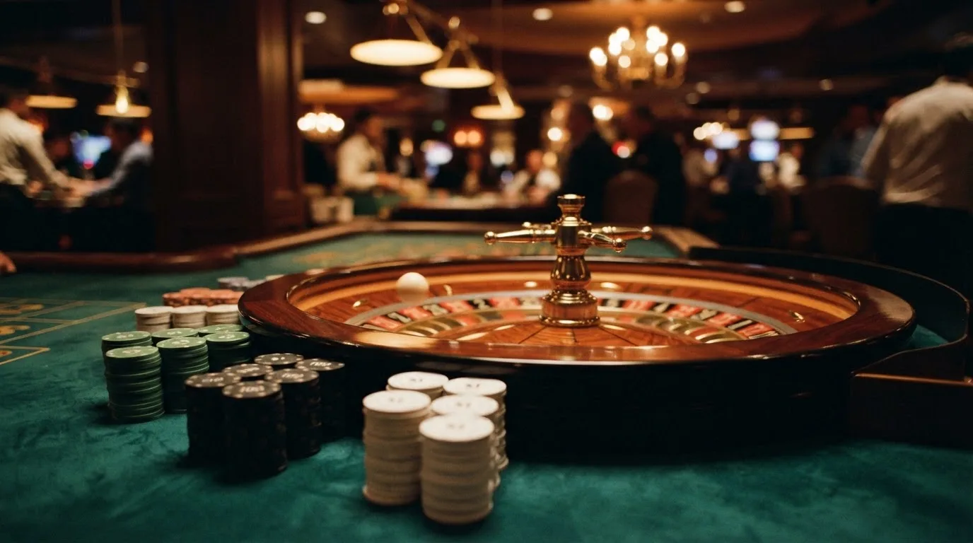 Rulettehjul og sjetonger på grønn filt i varmt kveldslys — casinoer med bitcoin i norge
