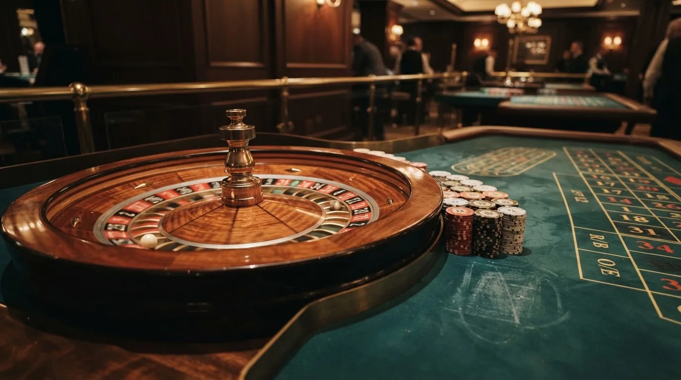 Rulettehjul og sjetonger på grønn filt i varmt kveldslys — casinoer med dogecoin i norge