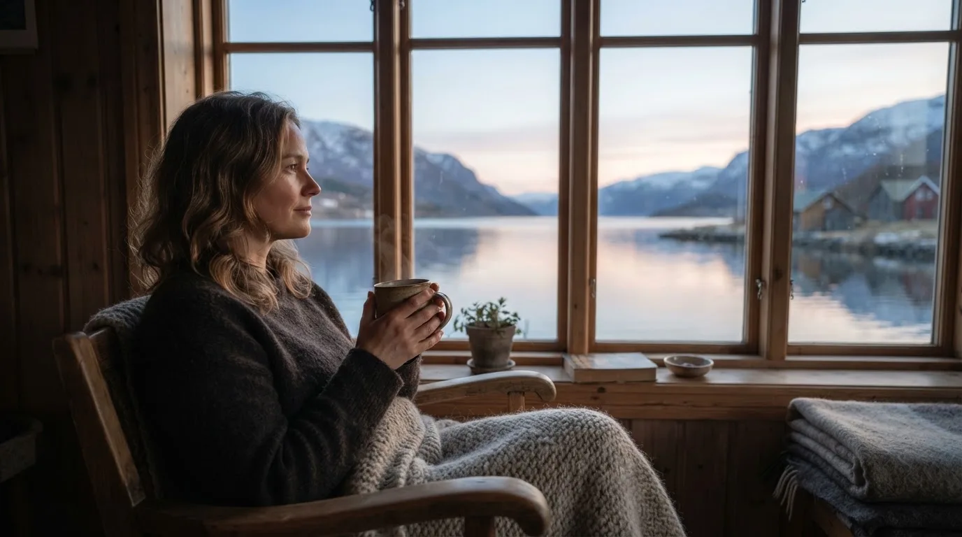 Kvinne drikker te ved et vindu og ser ut mot en fjord i morgenlys