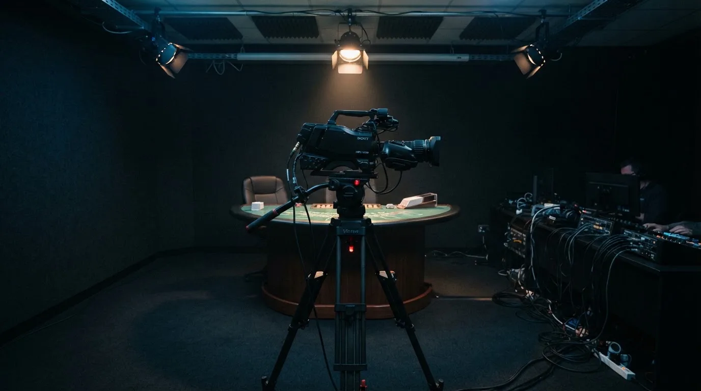 Kamera på stativ i et mørkt studio med mykt spotlys, ingen mennesker i bildet