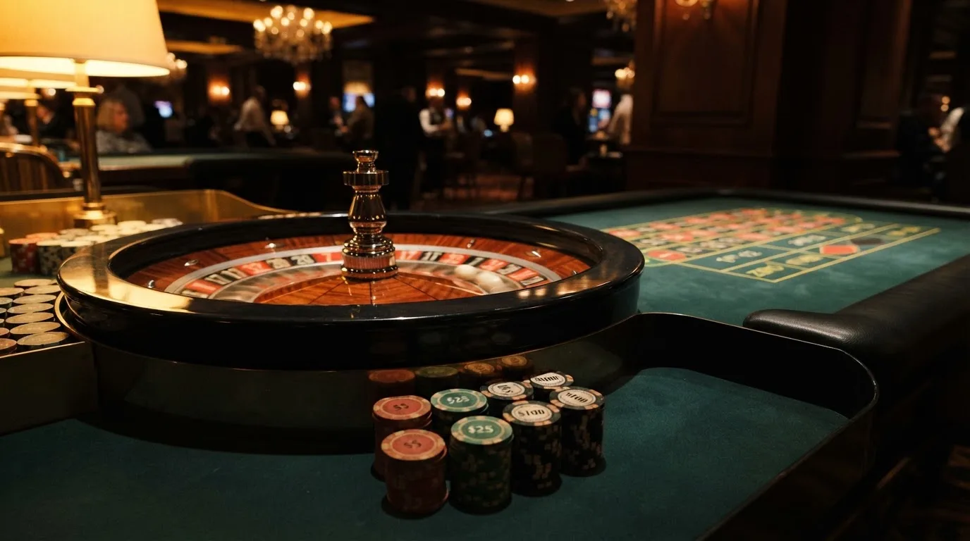 Rulettehjul og sjetonger på grønn filt i varmt kveldslys — live roulette in norway