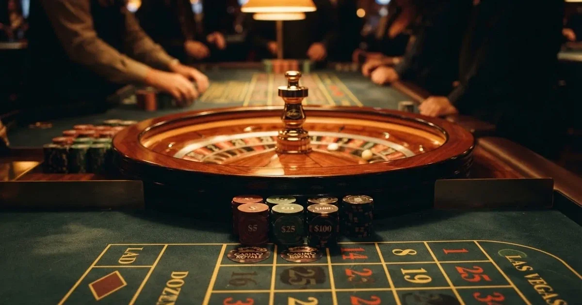 Rulettehjul og sjetonger på grønn filt i varmt kveldslys — norske casino gevinster