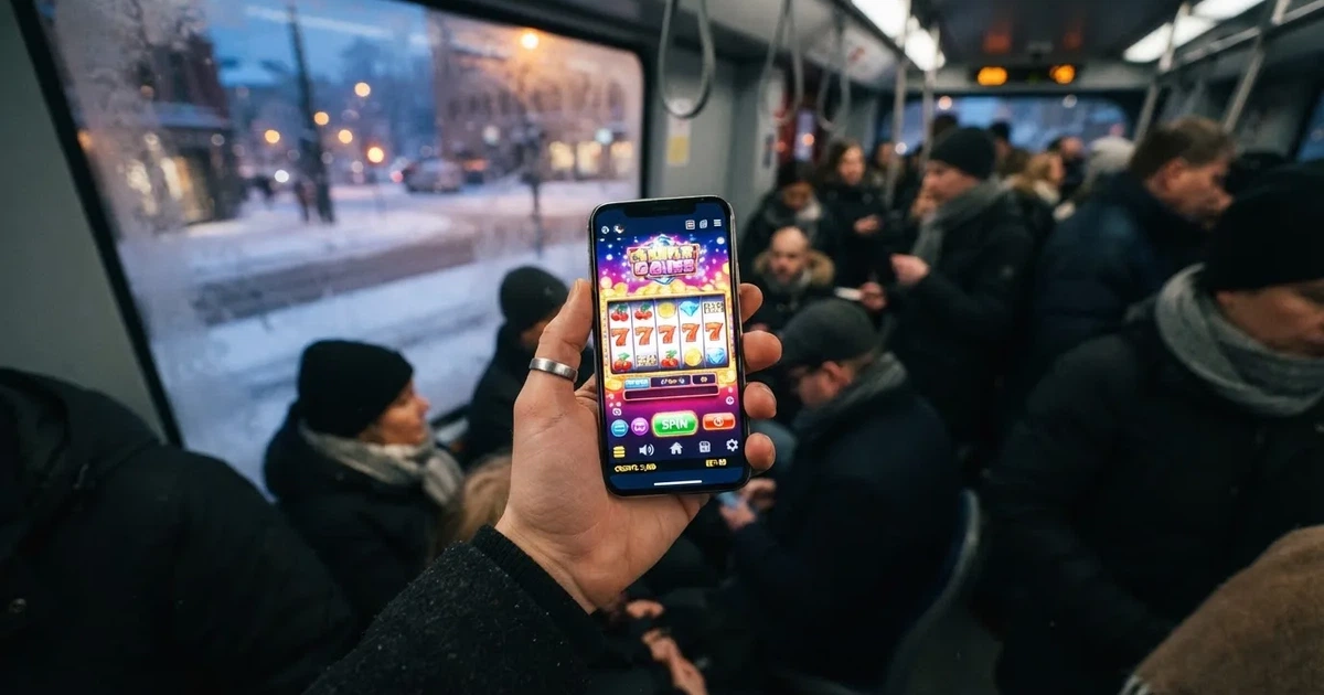 Mobiltelefon i hånden på trikken i Oslo en vinterkveld — norske casinoer på android