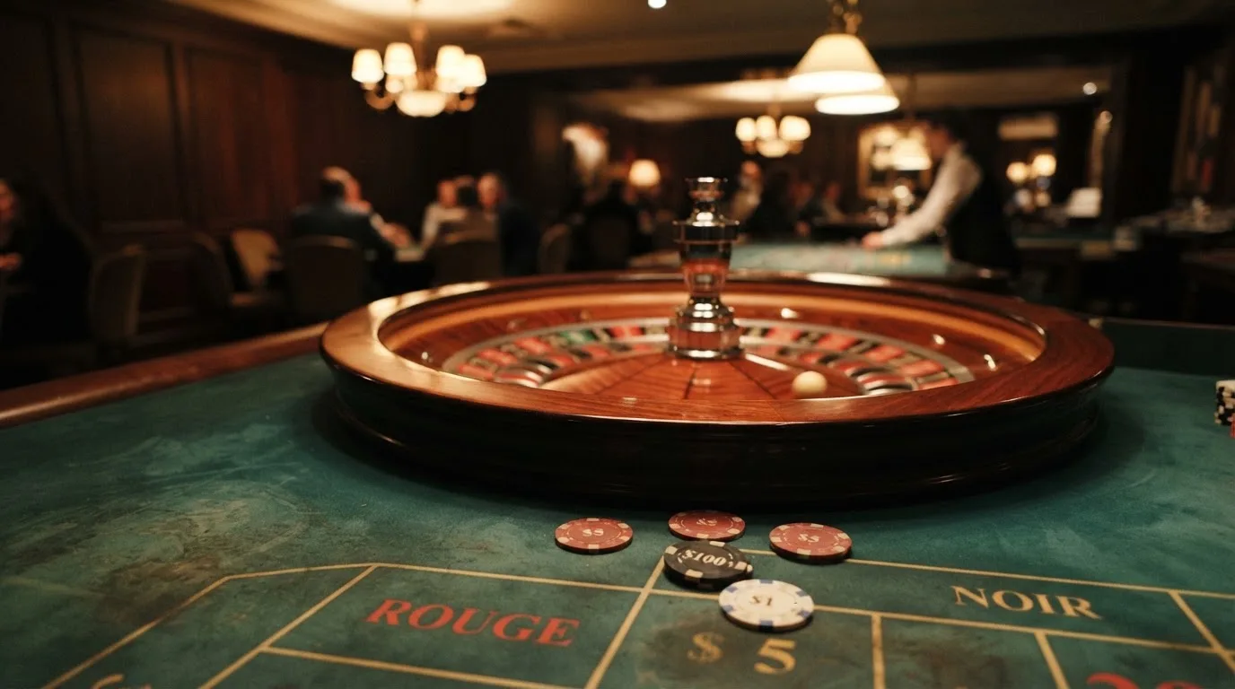 Rulettehjul og sjetonger på grønn filt i varmt kveldslys — norske casinoer på android