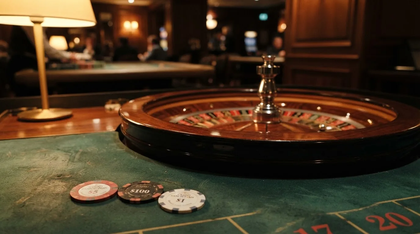 Rulettehjul og sjetonger på grønn filt i varmt kveldslys — norske casinoer på ios
